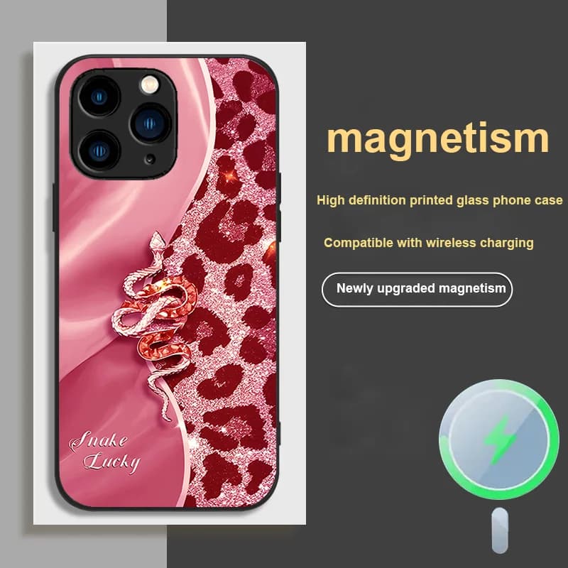 Per iPhone 11 X XR 13 Mini Plus 14 Pro 15 12 XS MAX 8 16 e Cover Magnetica in Vetro Antipolvere con Motivo Leopardato Rosa Serie