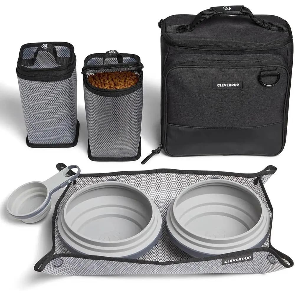 Kit da Viaggio per Cani Bistro Box 7 Pezzi, Contenitore per Crocchette da 12 Tazze, 2 Ciotole in Silicone, Tappetino e Paletta - Kit Portatile per Cibo per Animali Domestici per il Weekend