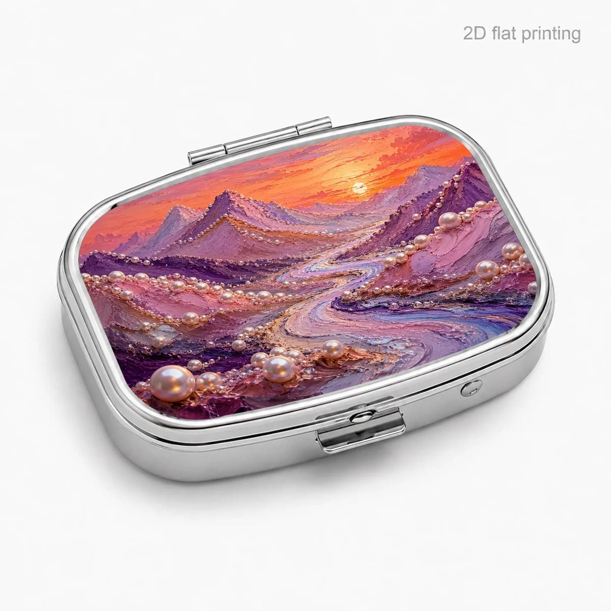 Single-piece, flat-printed, pearl purple mountain and sunset pattern, portable case for daily travel, square moisture-proof small box, multifunctional storage box for vitamins and nutritional supplements, small jewelry storage box, waterproof storage box, flat