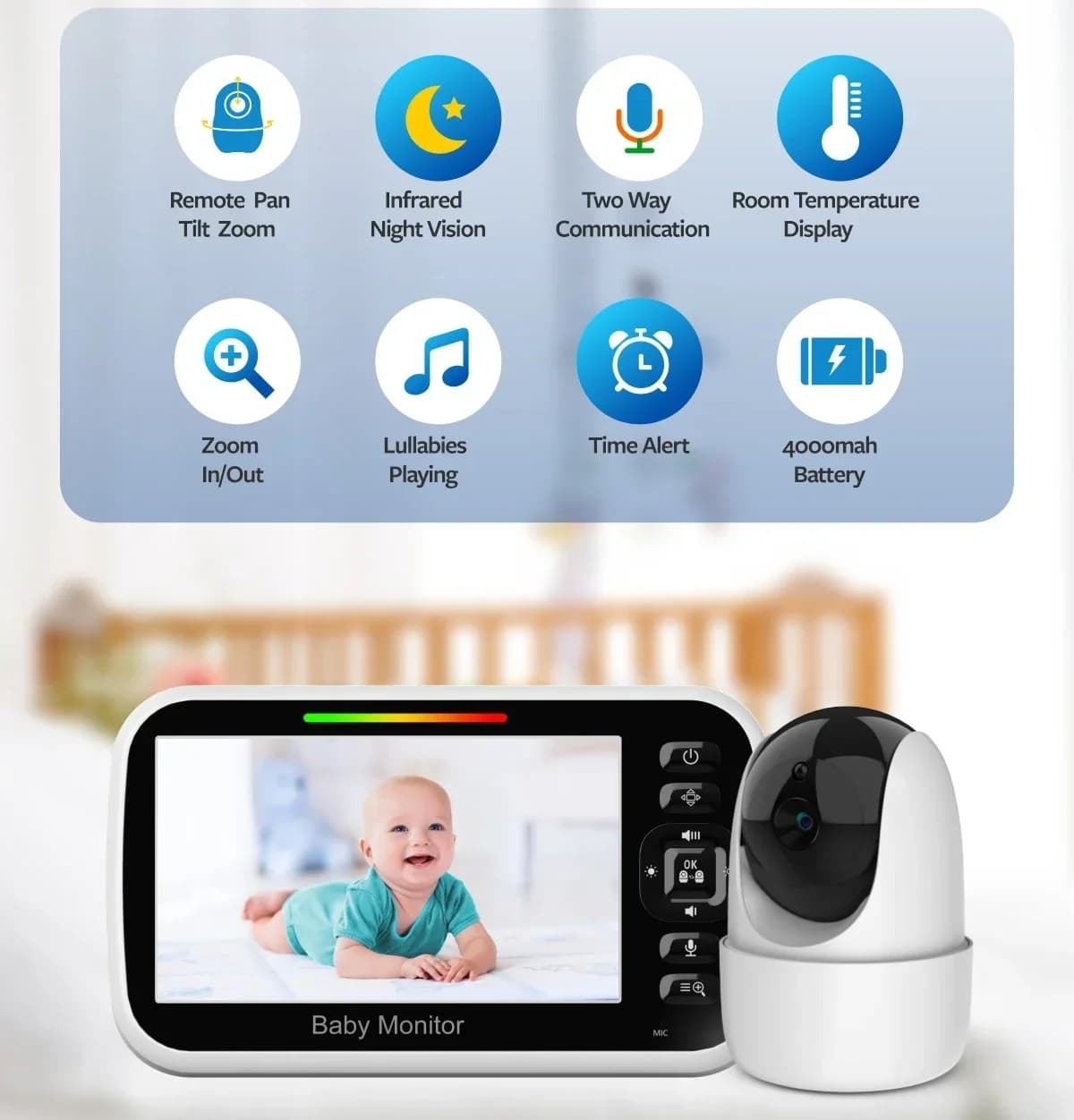 Baby monitor da 5 pollici HD Wireless Pan-tilt Rotante Cura Ninna nanna Visione notturna Controllo del suono Controllo della temperatura Citofono SM651