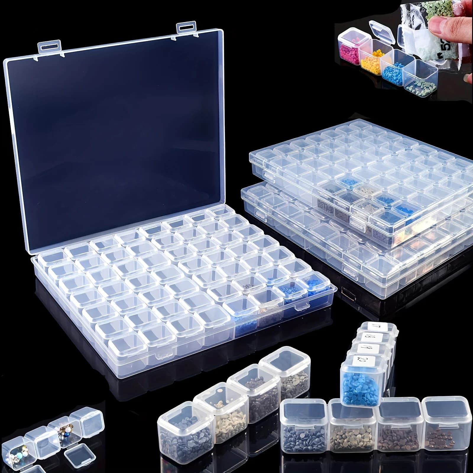 56-Slot Transparent Diamond Painting Storage Box | Includes 20 Red Painting Glues and Diamond Embroidery Wax Pencil Tool Set