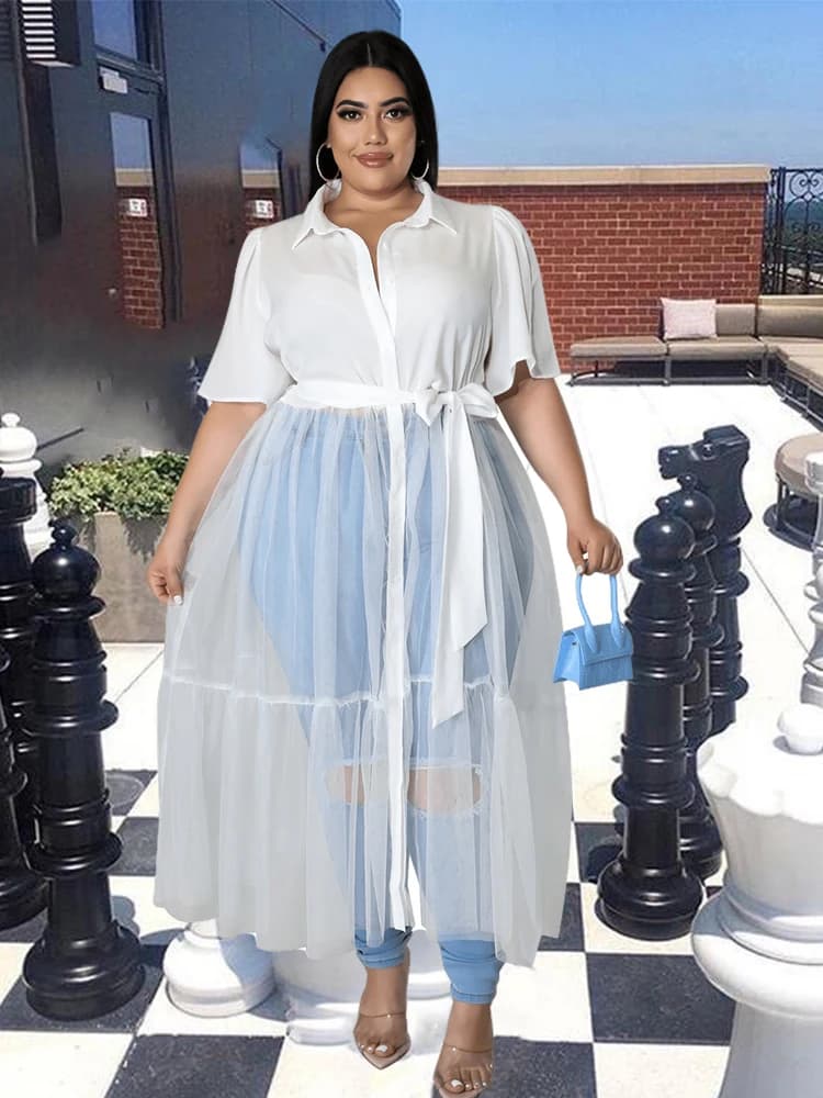 Women Clothing Plus Size Dresses Summer Mesh Dress Fashion Elegant Big Lady Chiffon Shirt Dress Wholesale Bulk Dropshipping
