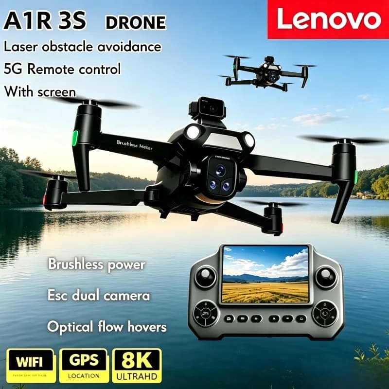 Drone GPS Lenovo A1R 3S con Telecomando a Schermo Grande, Quadricottero Professionale 8K FPV Pieghevole, Brushless con Evitamento Ostacoli Laser