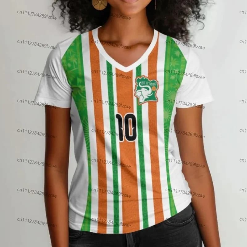 Women's Ivory Coast Football Jersey V-Neck Tee African Elephant Graphic Design Casual Breathable Sportswear Summer World Cup Fan
