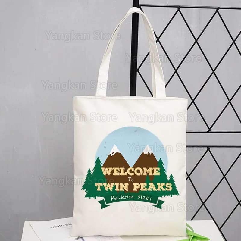 Twin Peaks Borsa da picnic in tela da donna Lettere Stampa Borsa da picnic in stoffa femminile Borsa da picnic ecologica Tote Riutilizzabile Grocery Shopper