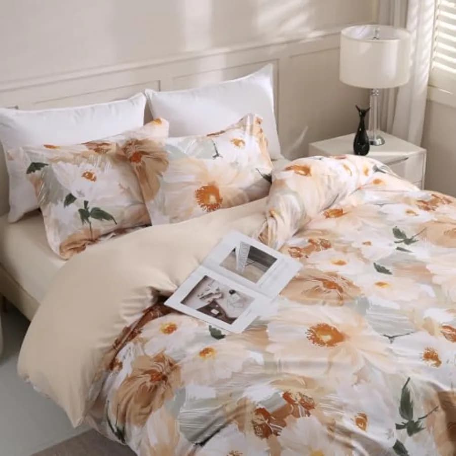 Queen Flower 3 Pcs Duvet Cover Set, Breathable Soft Microfiber Biege Lining Comforter Cover with Zipper Closure, and 2 Anti-Pil