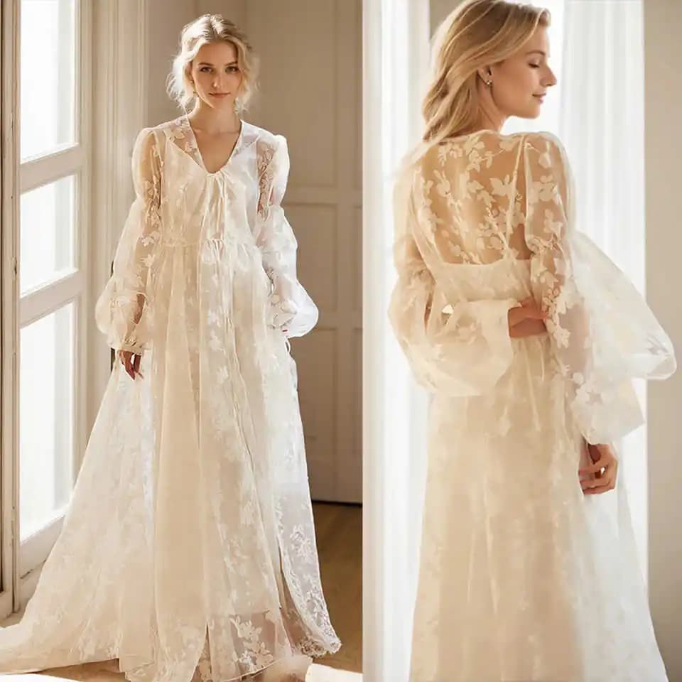 Elegant Women's Pijamas with Apps in Lace, Damigella and Bride Vessels, Long Sleeved Dressers for Wedding, Customizable Cut-out Sizes