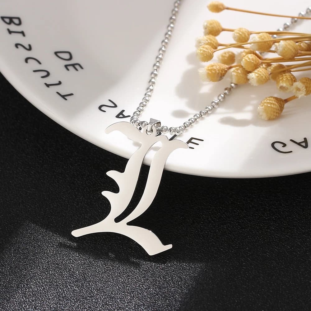 Death Note L Letter Necklace Creative Fashion Stainless Steel Beads Chain Pendant Cosplay Jewelry Gift for Anime Fans