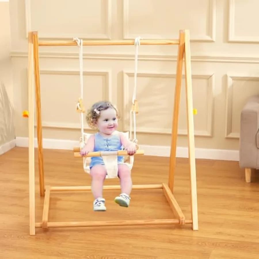 Set Altalena in Legno Montessori per Bambini 6-12 Mesi, Pieghevole per Interni ed Esterni, con Legno di Pino Resistente e 4 Sedute