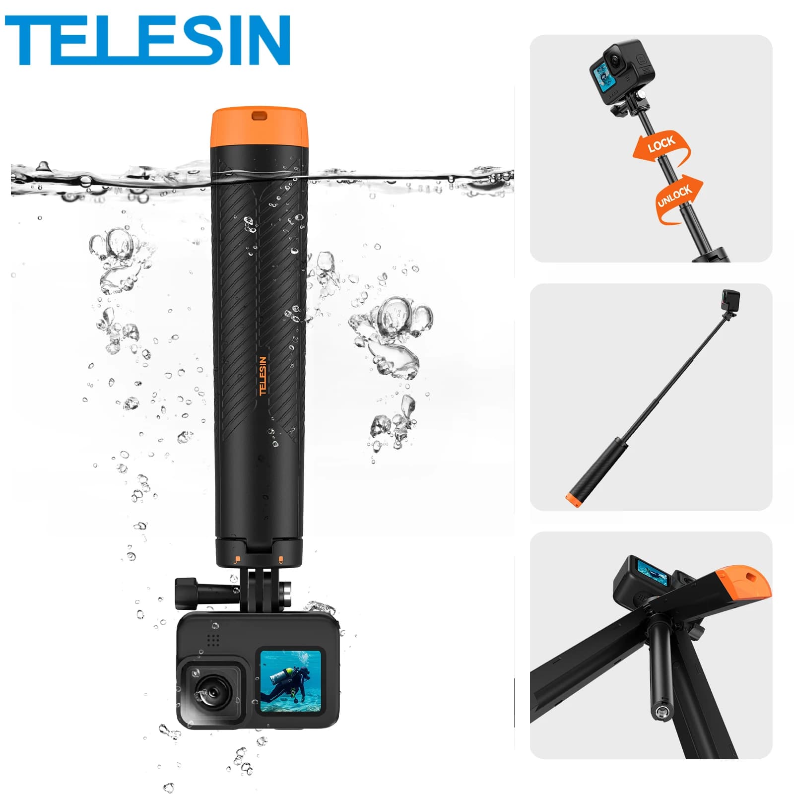 TELESIN Galleggiabilità barra Diving Allungabile Subacquea Selfie Stick Treppiede Per Gopro Insta360 DJI OSMO Action Camera Accessori