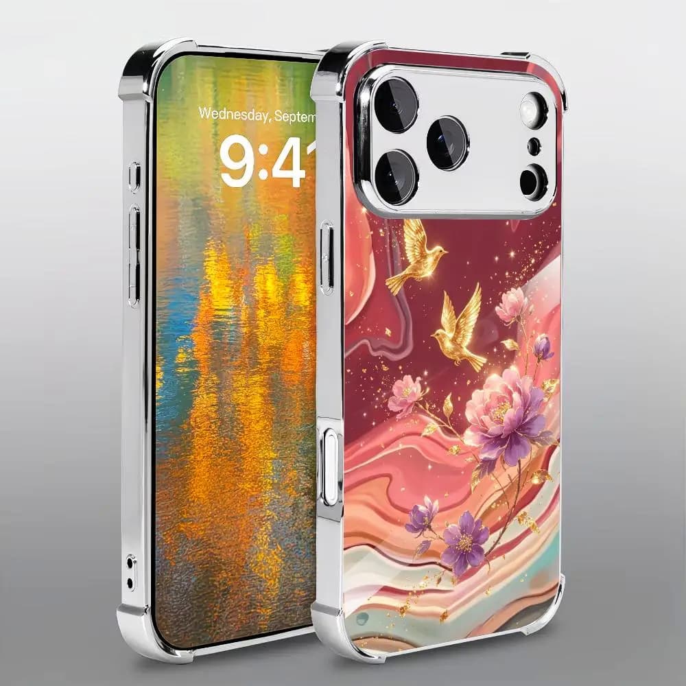 New Red Marble Floral phone case for carcasa iphone Glass TPU for iPhone 17、16、15、14、13、12、pm Pro Plus Super-strong protection