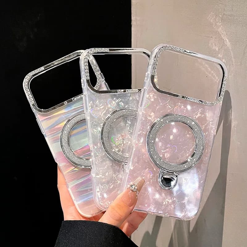 Nuova Custodia Protettiva Magnetica INS con Strass e Motivo a Conchiglia Laser per iPhone 17 16 15 14 13 Pro Max Plus