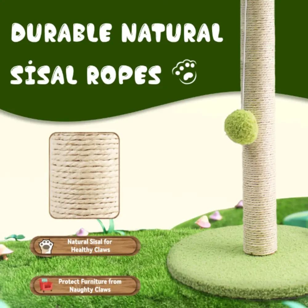 Tiragraffi per gatti in corda di sisal Foglie verdi Design durevole Albero per gatti Palla da pista in legno Palline sospese Tiragraffi