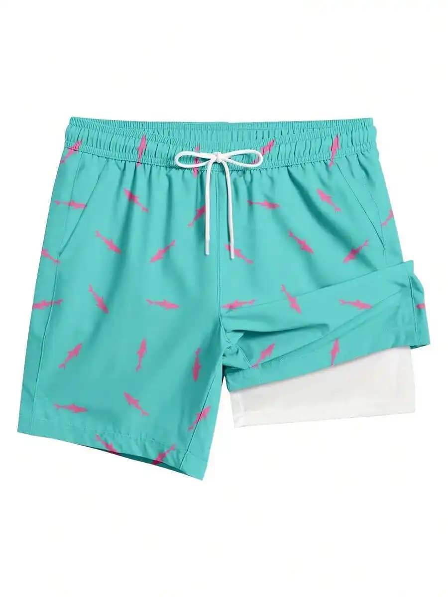 Mens Shark Print Swim Trunks With Compression Liner Quick Dry Beach Shorts