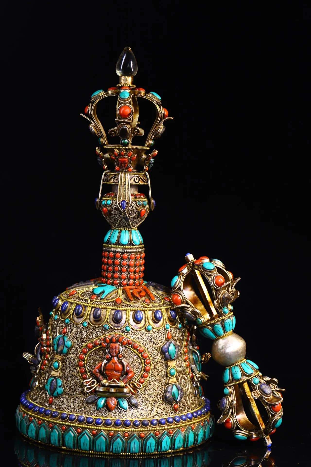 14"Nepalese folk Old Tibetan Silver Mosaic Gem Turquoise Buddha Pattern Old Ringing Bell Vajra Amulet Worship Hall
