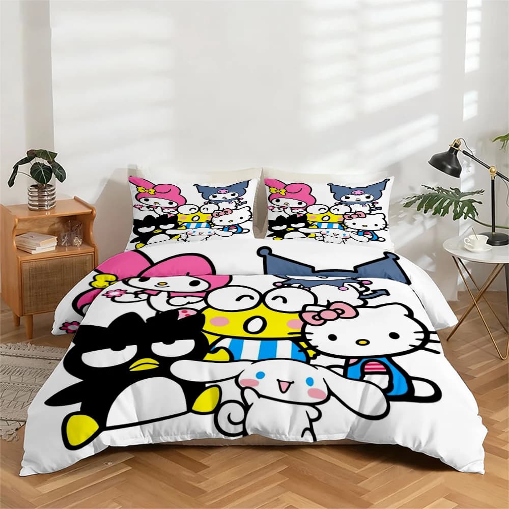 Bed linen set with high definition digital print in 3 pieces, Sanrio cartoon pattern, set headdress with large floral pattern, includes 1 headdress + 2 pillowcase, suitable for bedroom, guest room, home decoration, polyester fiber cushion + pillowcase, ultra soft bed linen, thick fabric, suitable for all seasons, washing machine.
