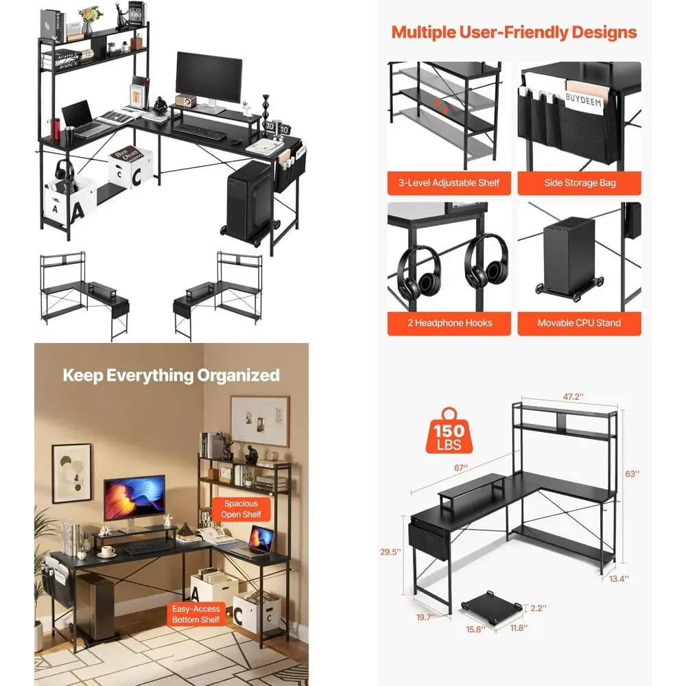 67 Pollici L Gaming Desk with Reversible Monitor Support and Mobile CPU Support - Robusta, Elegant, Easy to Fit
