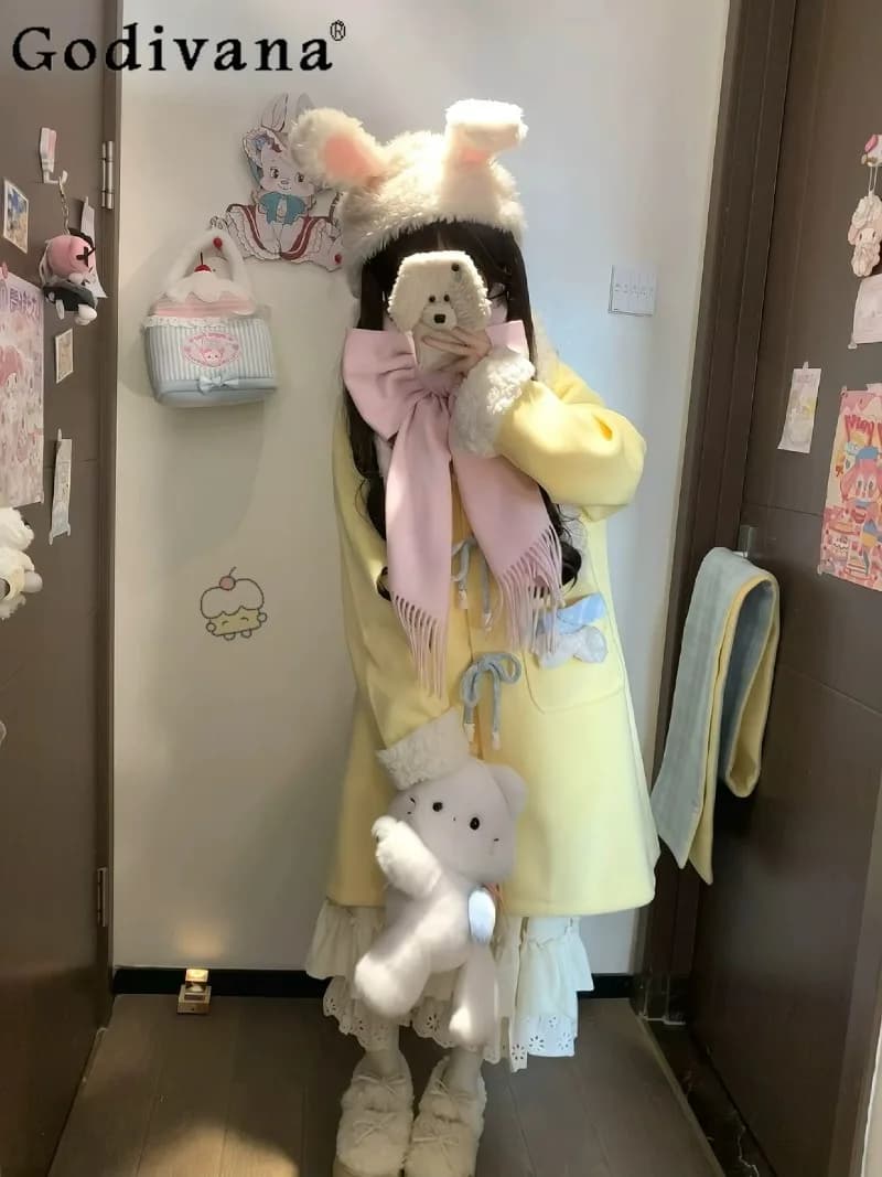 Sciarpa originale giapponese Lolita Sweet Cute Girl Doll Feel Sciarpa calda versatile con fiocco rosa in fiore di ciliegio invernale