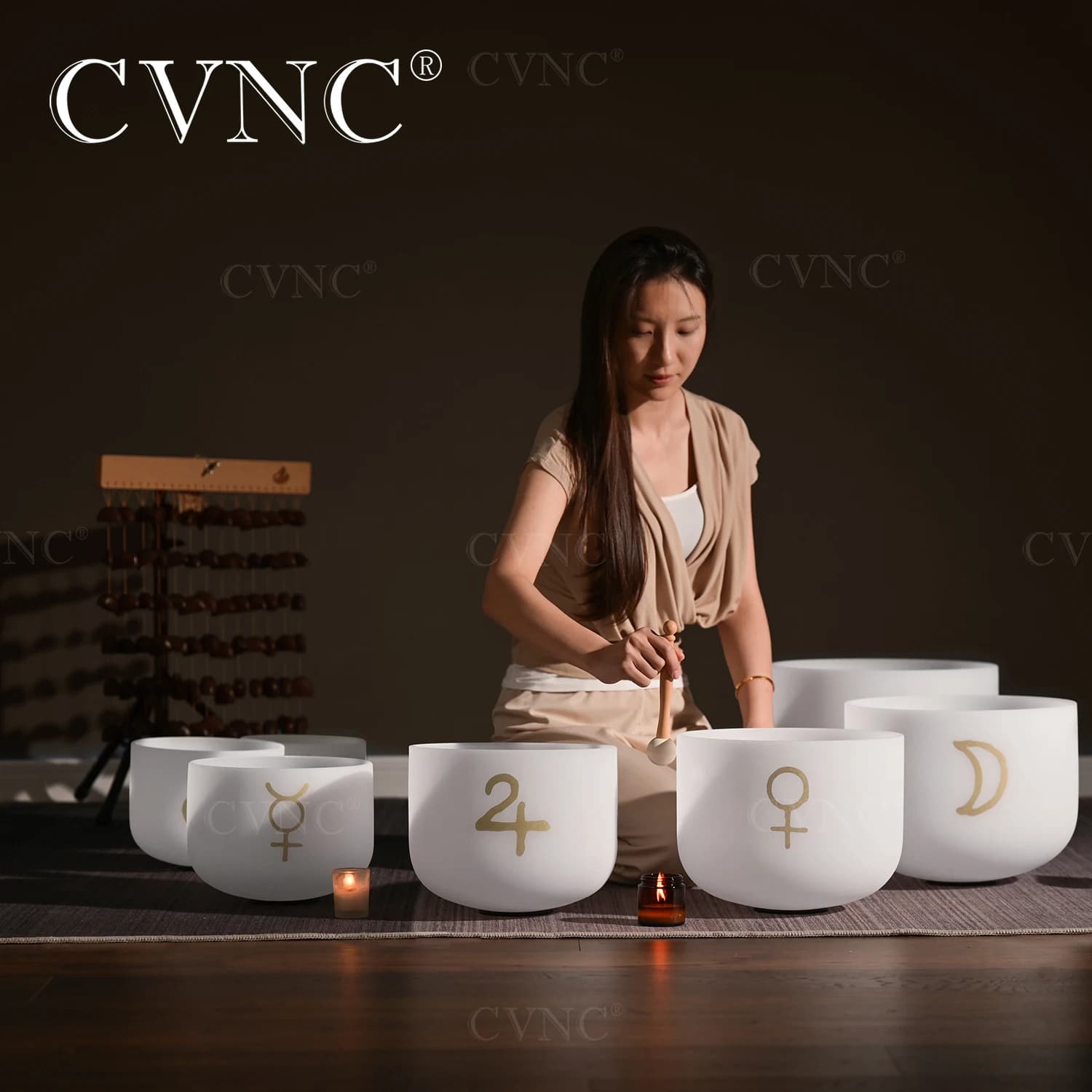 CVNC 8-14 Inch Alchemical Symbol Design Frosted Quartz Crystal Singing Bowls Set 7PCS Chakra for Sound Healing with Bags