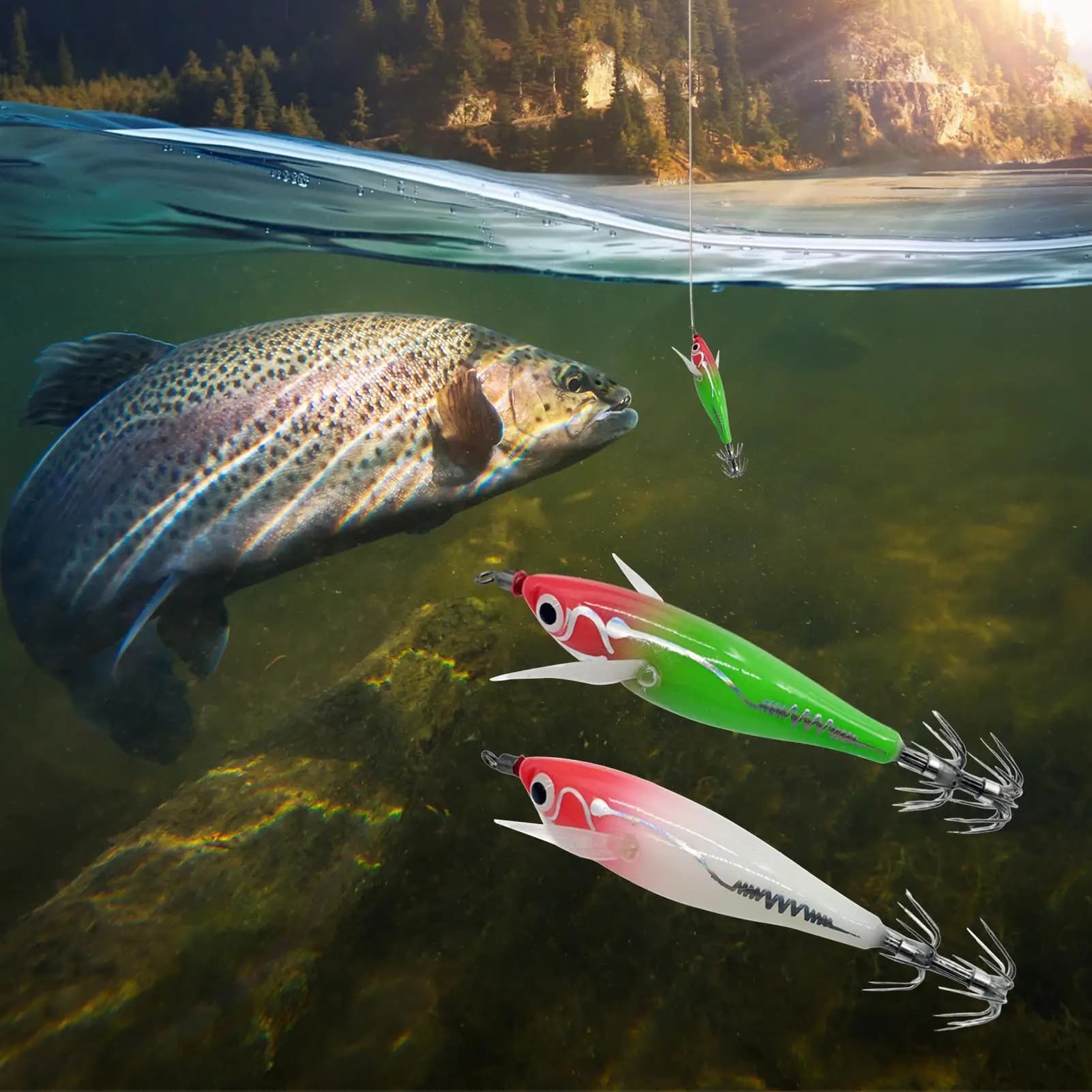 Esche da pesca che si illuminano al buio Luminose galleggianti in acqua salata Esche da pesca Scatola per attrezzatura per pesci Forniture Gancio esplosivo Gancio per polpo