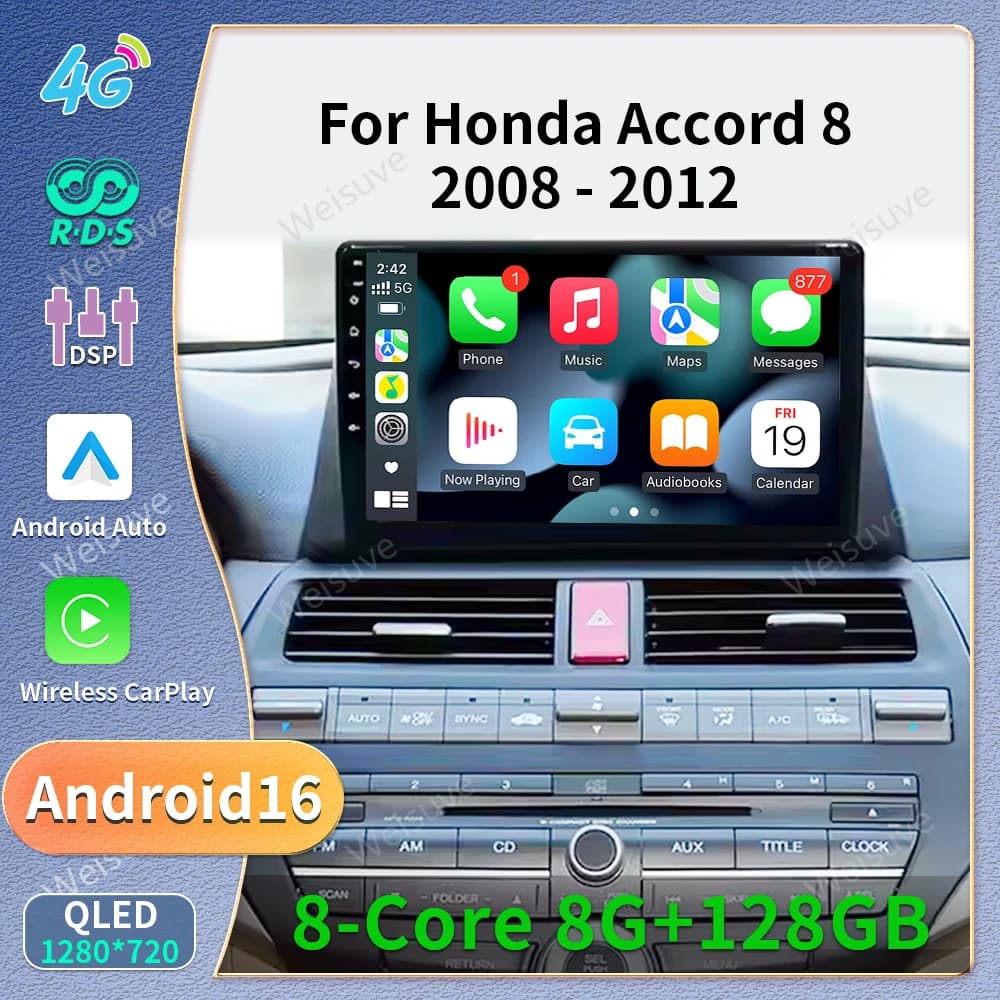 10.1 Inch Wireless Car Radio for Honda Accord 8th 2008-2013 CarPlay Android Auto Touchscreen Car Stereo with Rear Camera GPS FM