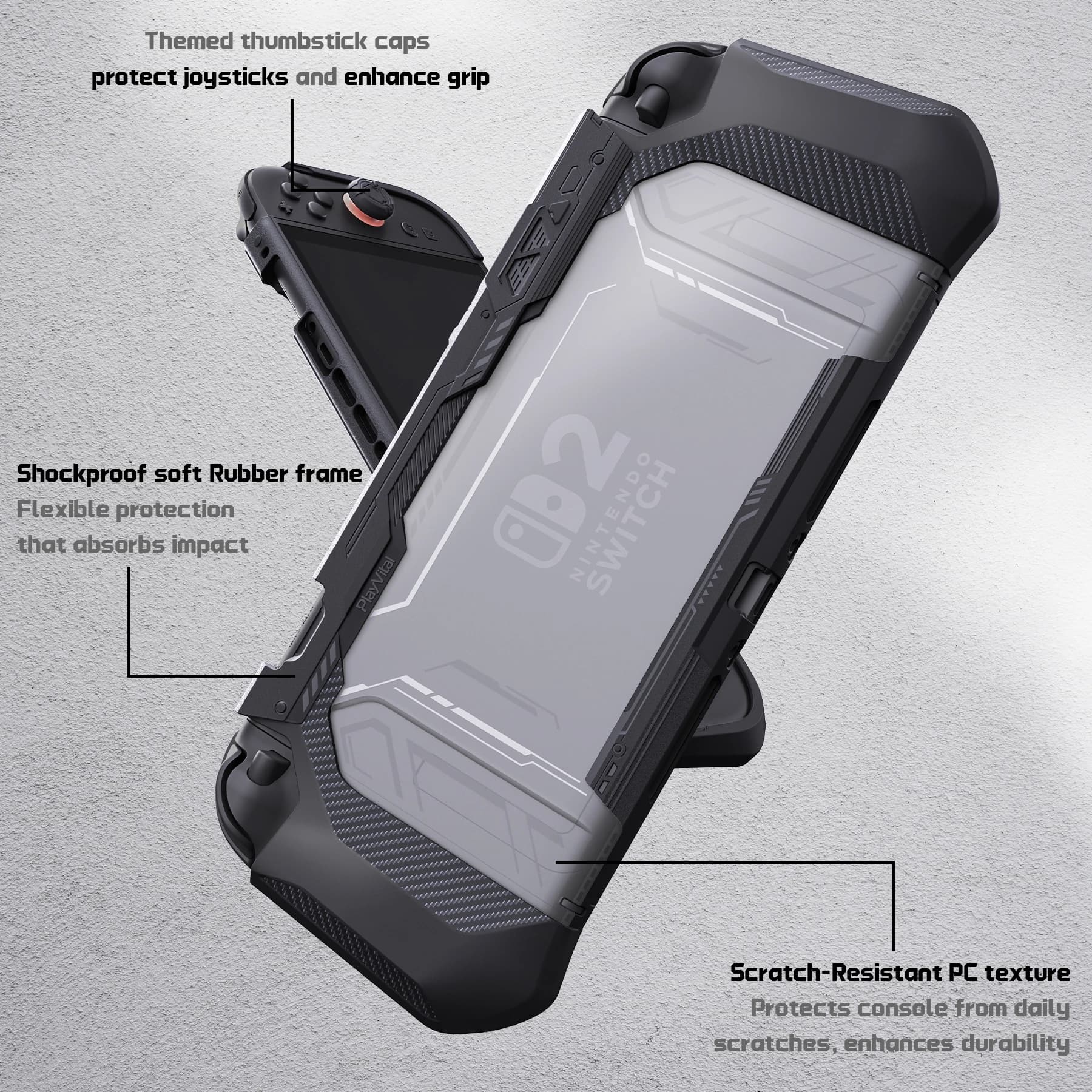 Custodia protettiva PlayVital per Nintendo Switch 2, copertura impugnatura ergonomica antiscivolo in TPU con impugnature per pollice per Switch 2-Nero