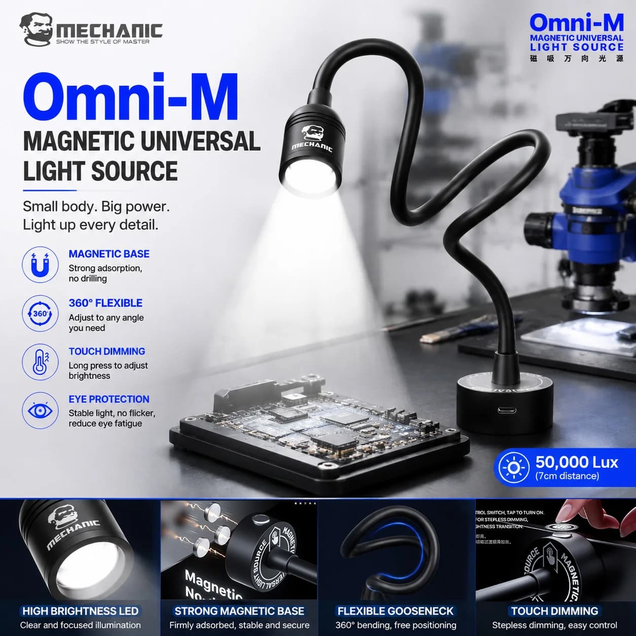 MECHANIC Omni M Magnetic 360 Degree Bendable LED Fill Light Touch Dimmable Mini Work Lamp For Microscope PCB Phone Repair