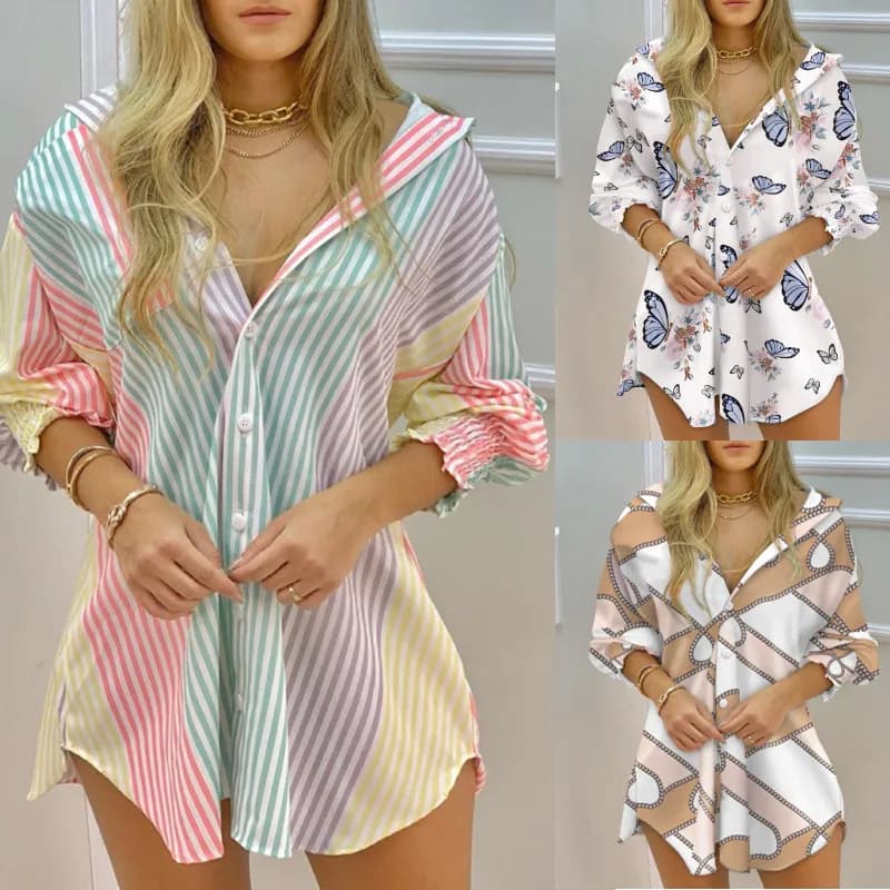 Women's Long Sleeve Shirred V Neck Button Striped Shirt Casual Loose Fit Blouse for Autumn