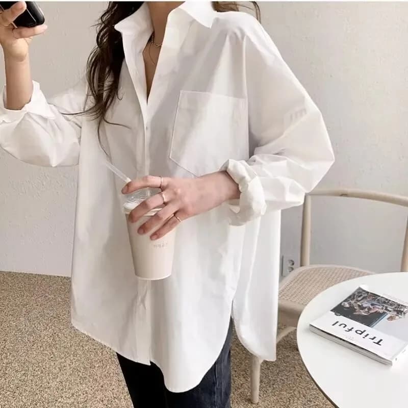 Camicette larghe casual bianche eleganti da donna da ufficio Moda nuova camicia da donna a maniche lunghe in cotone con colletto couverture