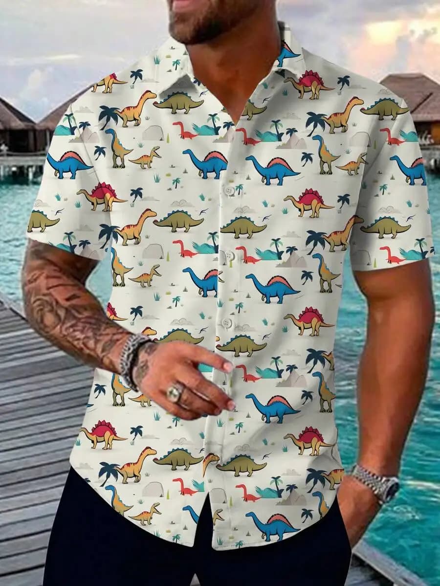Men Colorful Dinosaur Print Casual Short Sleeve Summer Hawaiian Shirt
