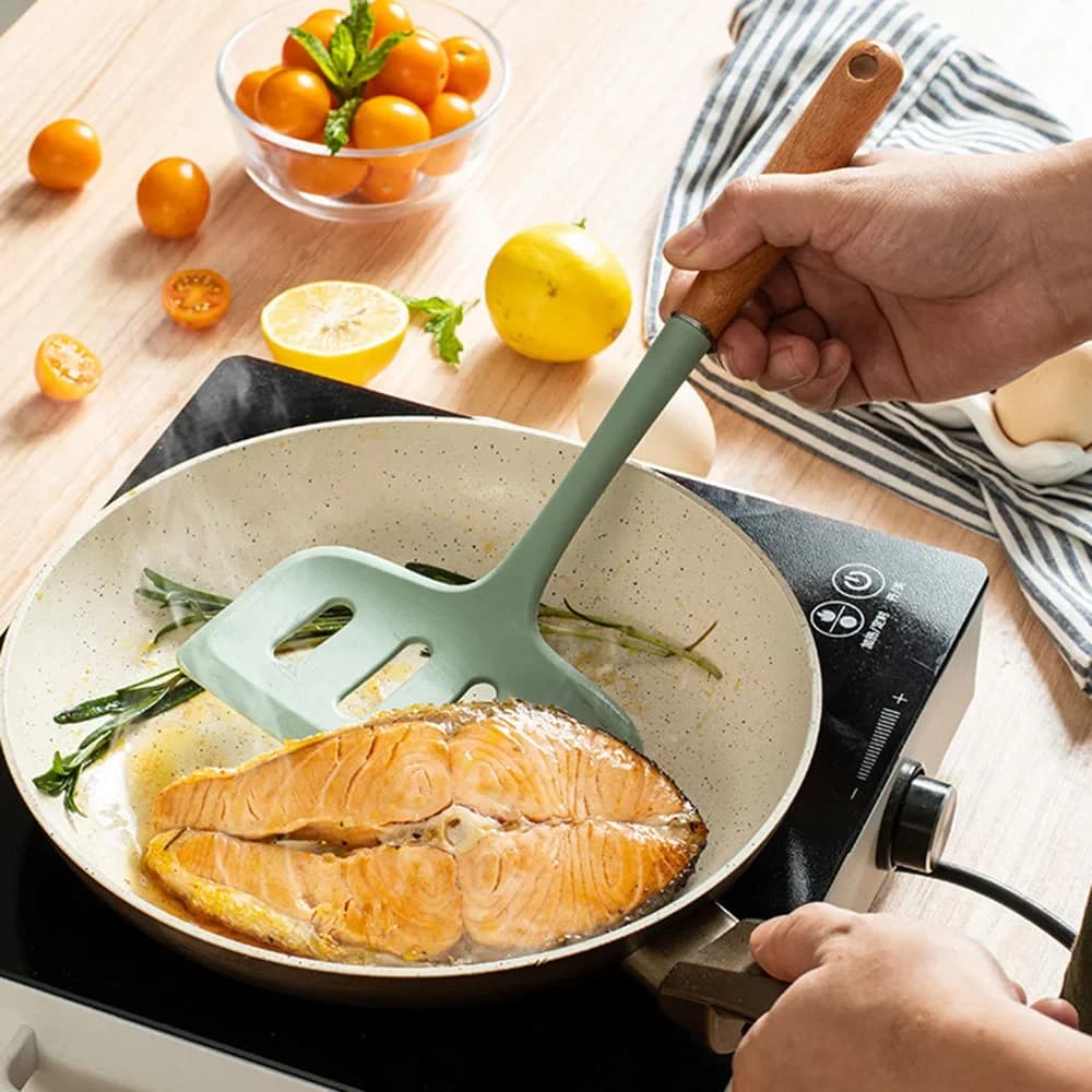 1PC Wooden Handle Silicone Pala Kitchen Plate Teppanyaki Pala for frying Large Mouth for pizza steaks