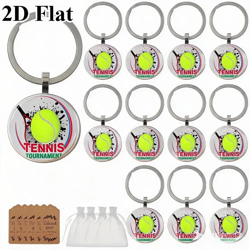 5/10/24Sets Dynamic Tennis Tournament Metal Keychain Round Tennis Racket Ball Pendant Zinc Alloy Outdoor Daily Bag Car Key Charm