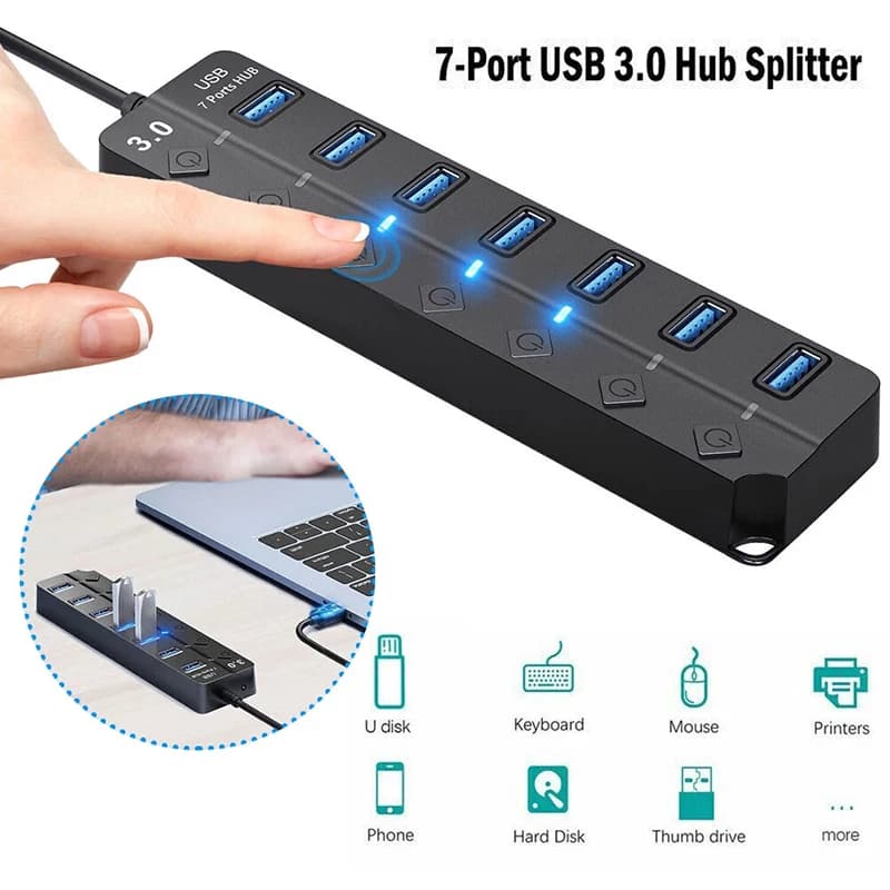 Hub USB 3.0/2.0 Multiplo con Adattatore di Alimentazione, 4/7 Porte, Espansore Multiplo 2.0 con Interruttore e Lampada LED per Accessori PC