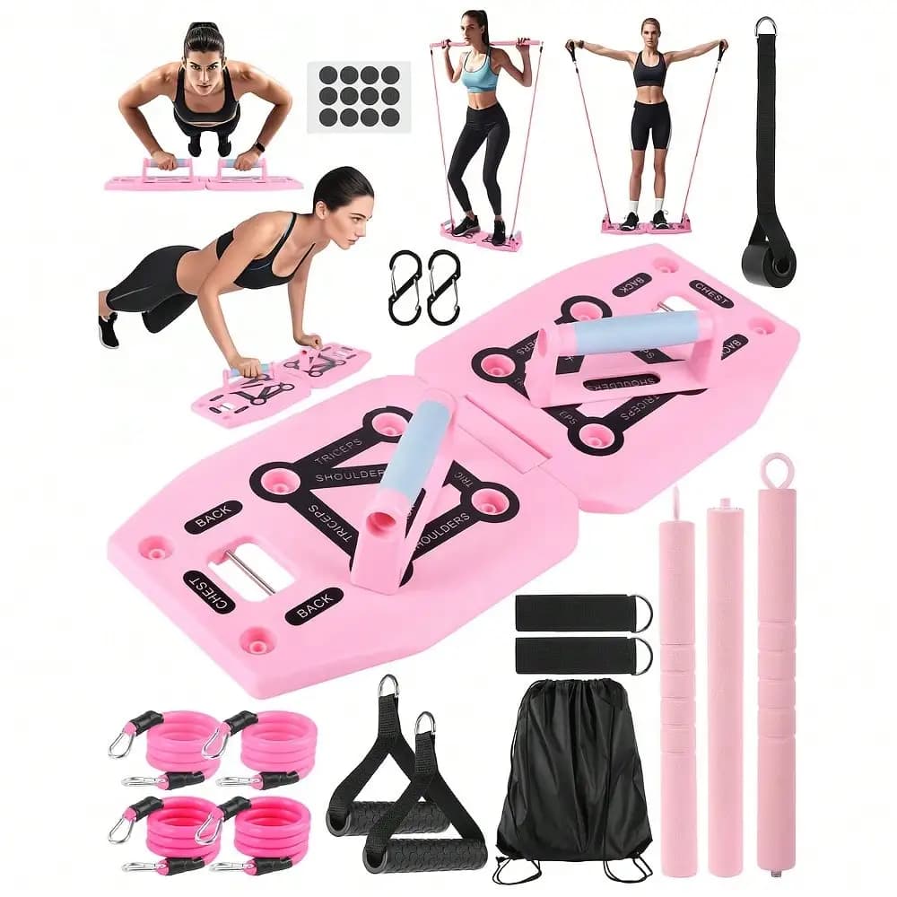 Tavola compatta rosa per push-up, barra per pilates, accessori fitness con bande di resistenza, ruota per addominali, regalo per donne