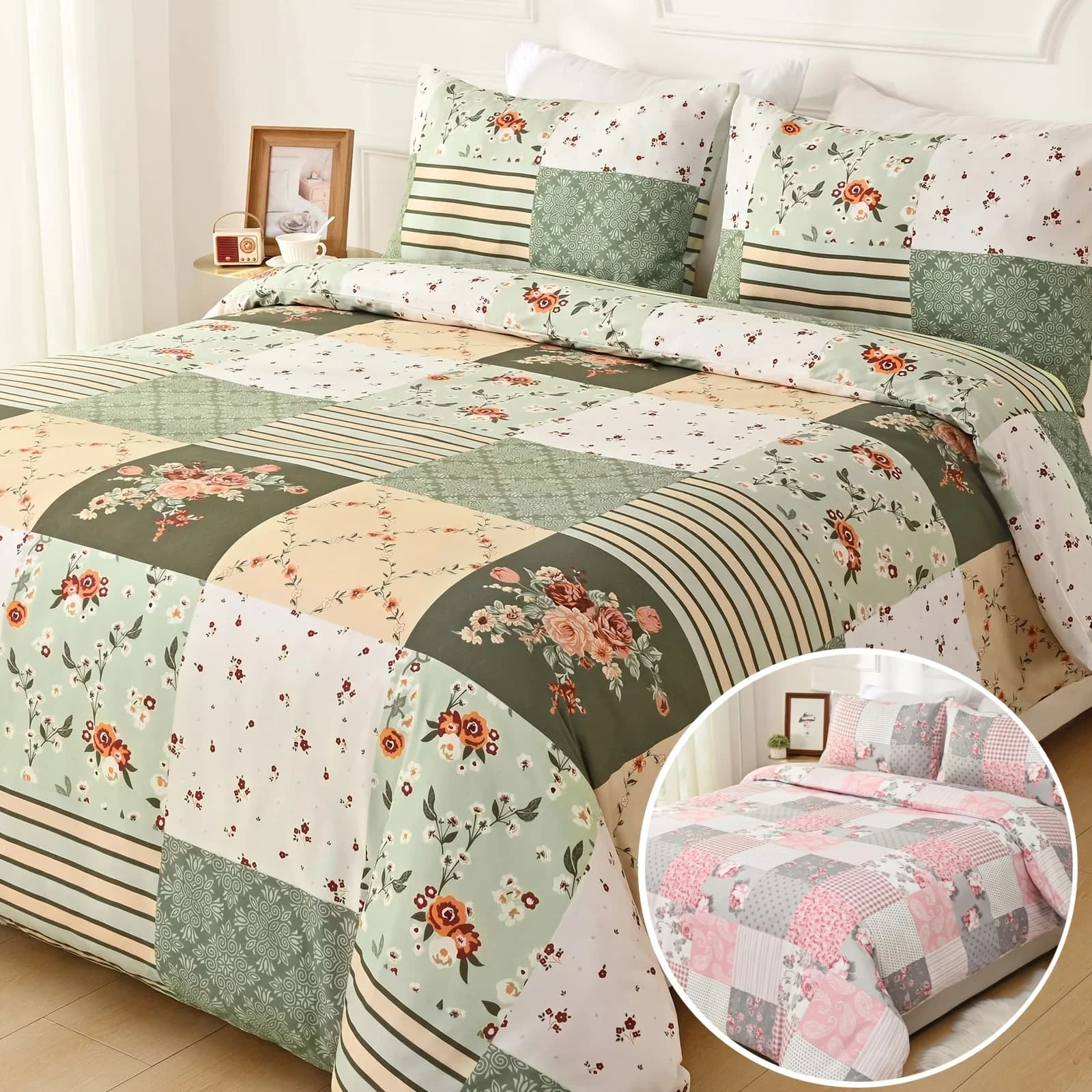 Set copripiumino patchwork floreale verde da 2/3 pezzi, copripiumino stampato floreale primaverile ed estivo con cerniera, biancheria da letto con stampa patchwork floreale morbida e leggera, copripiumino morbido e confortevole per camera da letto (1 copripiumino e 2 federe)