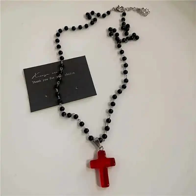 1Pc Gothic Red Cross Pendant Necklace, Black Round Bead Chain Rosary Style Necklace, Punk Religious Neck Jewelry for Party Gift