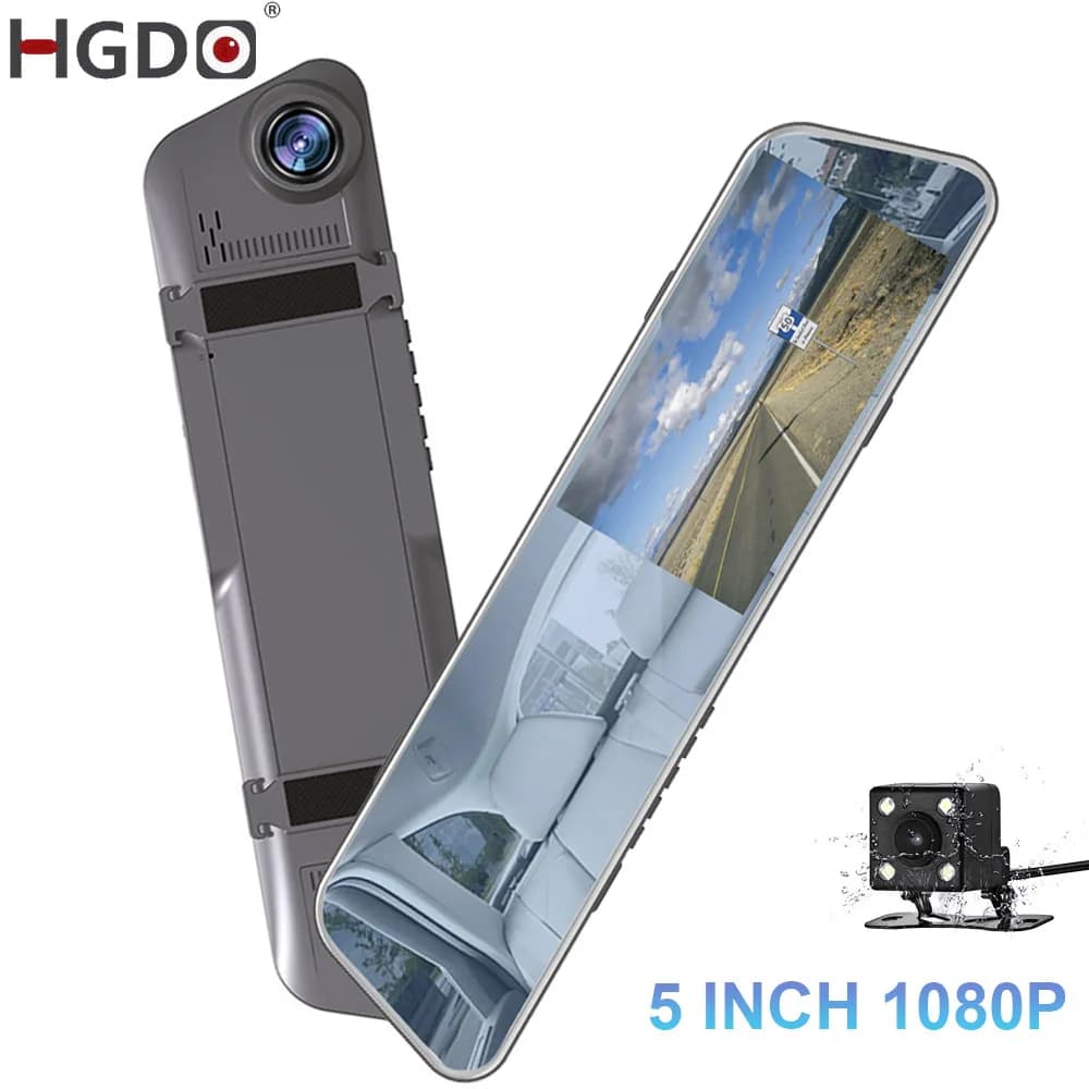 HGDO 5 "Dash Cam Mirror Recorder 3 in 1 1080P Dvr Touch Screen Rear Camera with Car Cam Parking Sensor Video Box