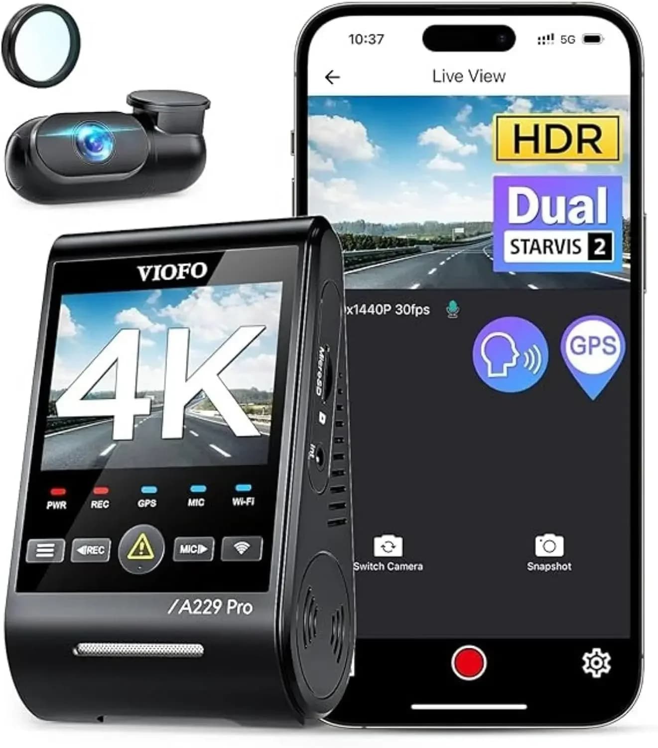 Dash Cam A229 Pro 4K HDR, Doppia Telecamera STARVIS 2 IMX678 IMX675, Telecamera Anteriore e Posteriore 4K+2K, 2 Canali con HDR, Controllo Vocale, 5GHz