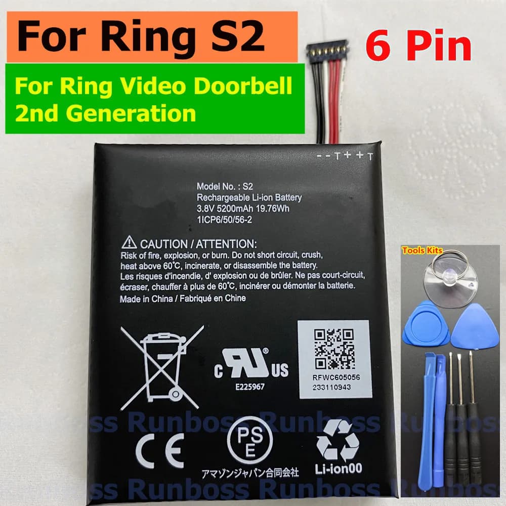 Batteria S2 per Ring S2 Videocitofono 2a generazione 6 Pin 6 fili Nuovo ricambio 3.8V 5200mAh