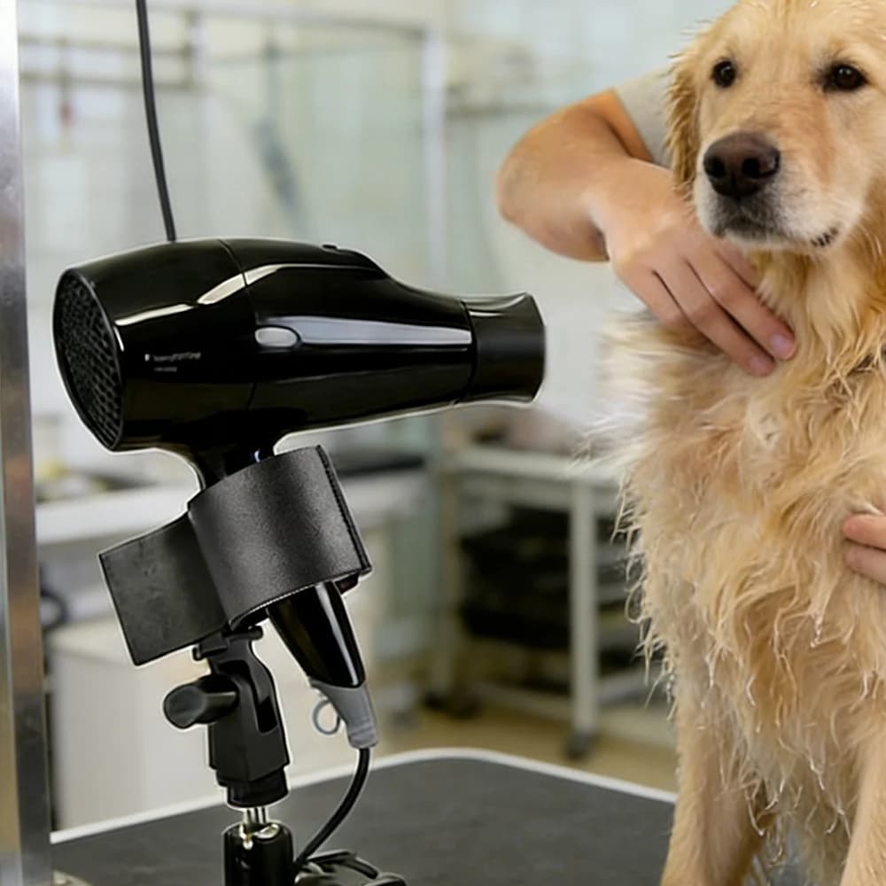 360° Rotating Pet Bath Hair Dryer Holder -Adjustable Heavy-Duty Metal Grooming Stand with Anti-Slip Suction Cup/Clamp Hands-Free
