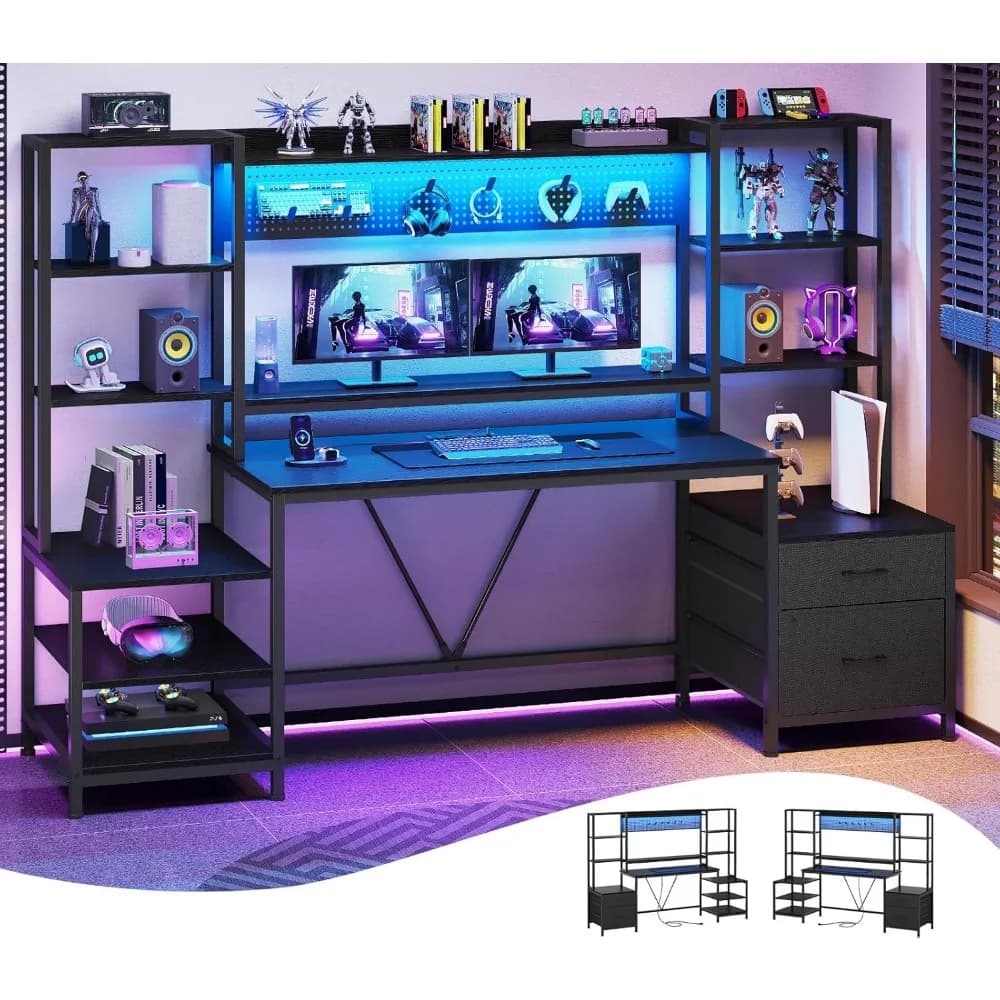 Computer desk with power sockets, 81.9 inch home office desk with monitor support, gaming desk with LED light, 11 shelves 2 D