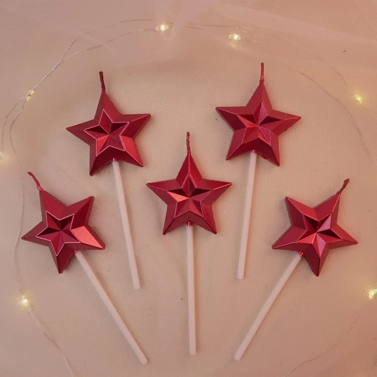 Confezione da 5 Candeline Rosse a Forma di Stella, Decorazioni Metalliche Scintillanti per Torte di Compleanno