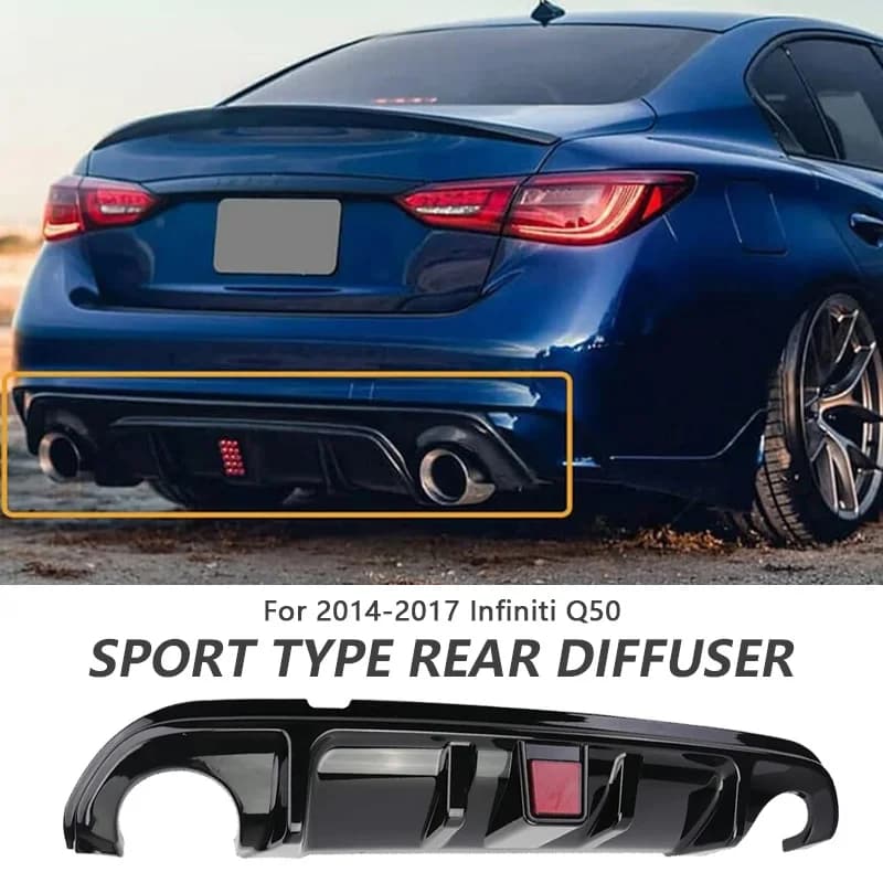Diffusore posteriore compatibile con Infiniti Q50 ABS 2014-2017 Kit splitter spoiler diffusore labbro paraurti posteriore aggiuntivo con luce freno