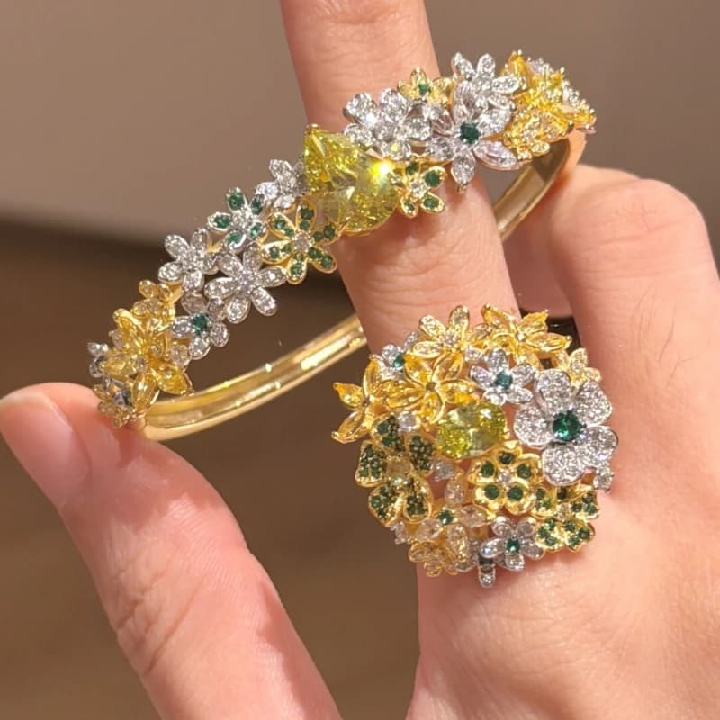 Bellux Story's Small Yellow Flower Ring Bracelet Set 925 Silver Gold Plated Synthetic Zircon Plant Colorful Spring Jewelry