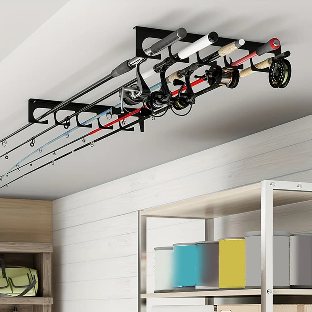 B48B-Wall/Ceiling Mount Fishing Rod Metal Holder- 2PCS 5-Rod Storage Rack Horizontal Stand For Garage, Cabin, Basement
