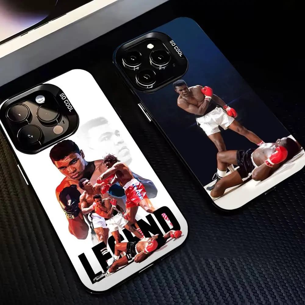 Cover per iPhone con leggenda del boxe Muhammad Ali, colorata argento e nera, per modelli 17, 16, 15, 14, 13, 12, 11 Plus, Pro Max, XS