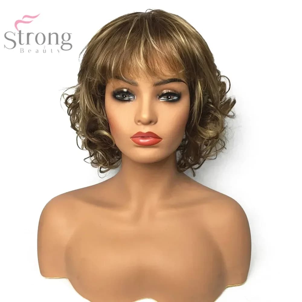 Parrucca sintetica da donna StrongBeauty senza cappuccio, capelli corti ricci, parrucche naturali bionde/abbronzate