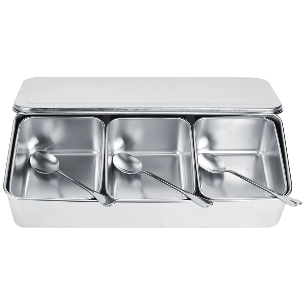 Scatola per condimenti in acciaio inossidabile a 3 griglie per uso domestico Set di contenitori per spezie con coperchio per cucchiai Scatole per contenitori per condimenti per barattoli per condimenti