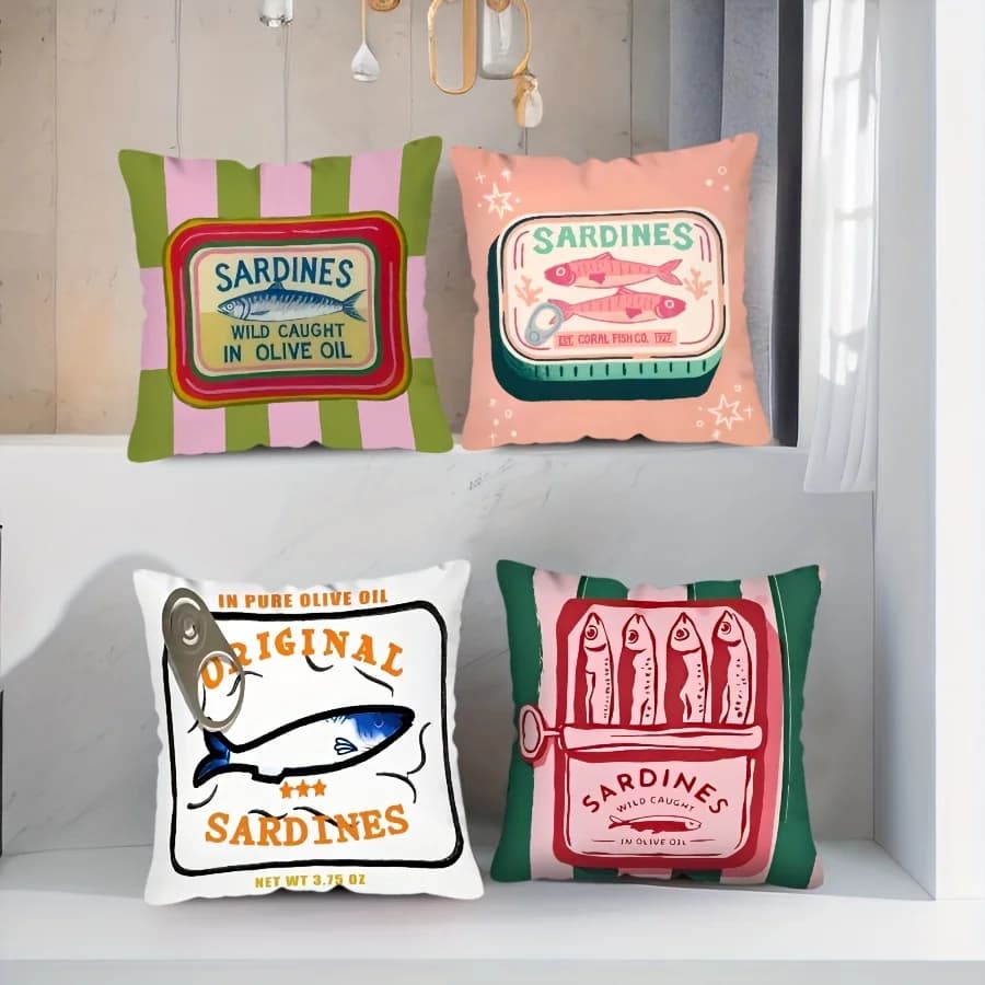 VIKAMA Federa per cuscino con sardine in scatola a righe rosse e verdi, materiale morbido e delicato sulla pelle, per soggiorno, camera da letto, divano