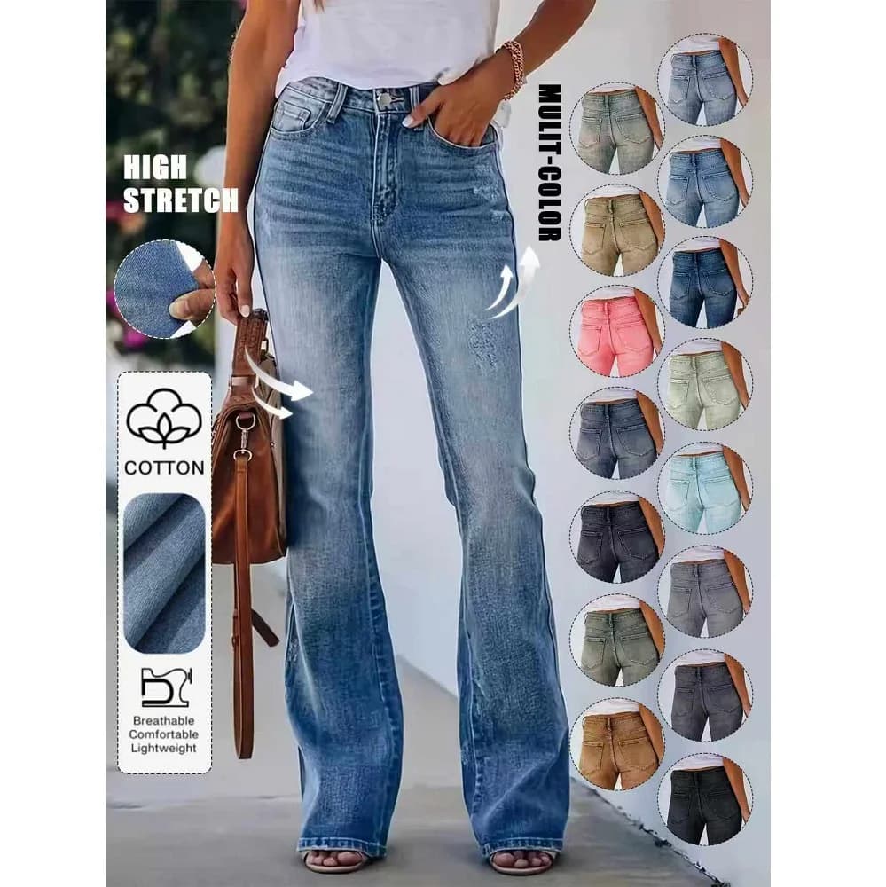 Jeans Elasticizzati da Donna, Pantaloni a Gamba Larga con Strappi, Casual, Lunghezza Intera